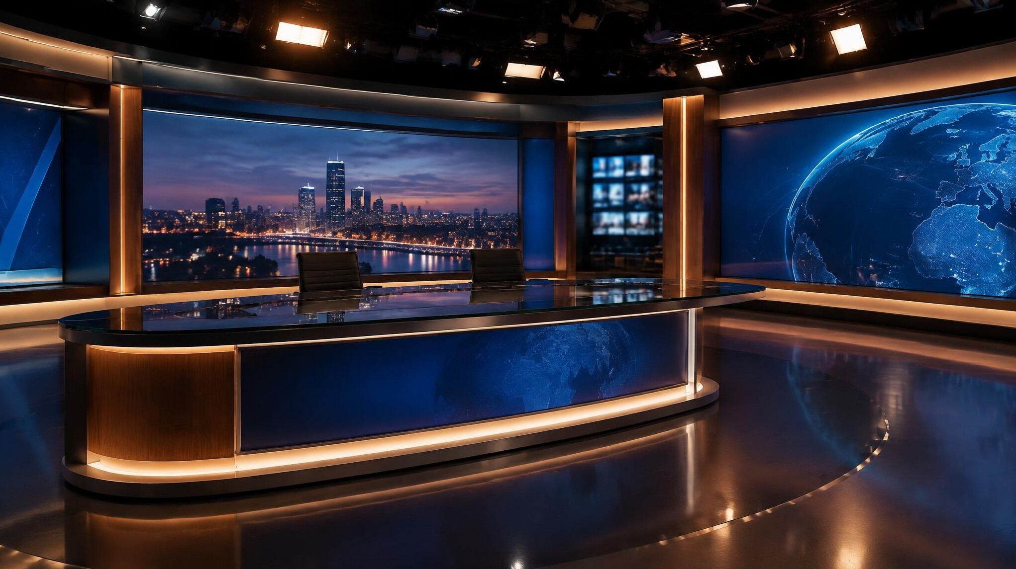 Empty modern television news studio with desk and lights