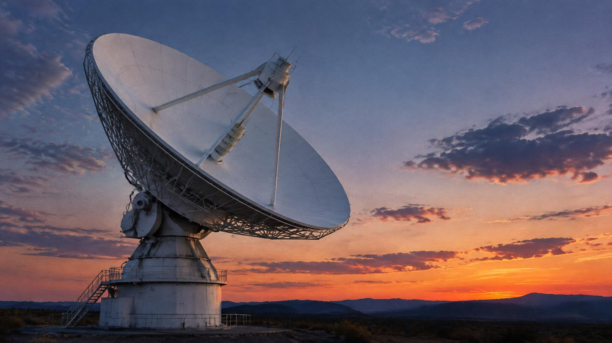 Satellite dish pointed at the evening sky