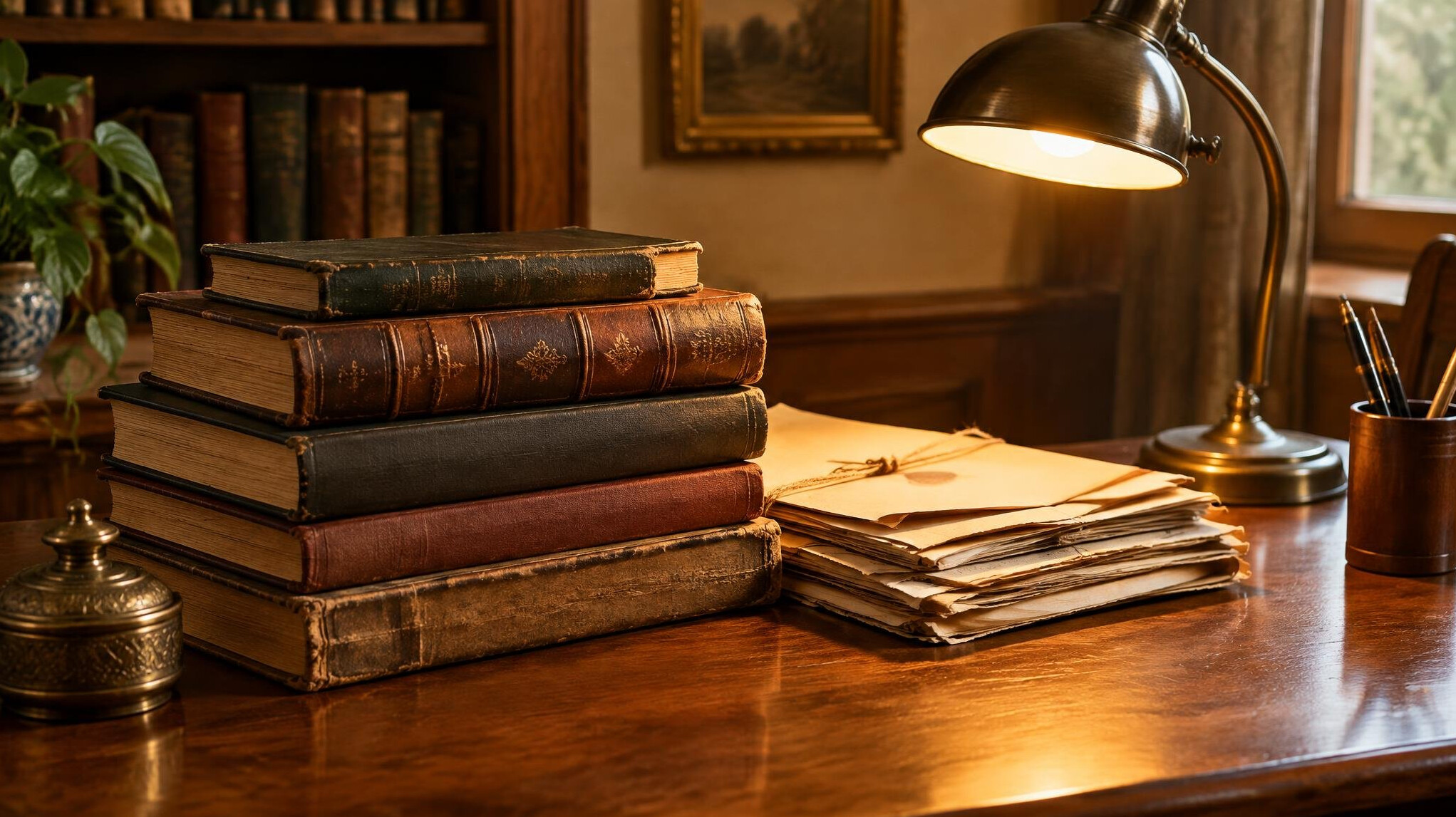 Stack of old books and documents on a desk